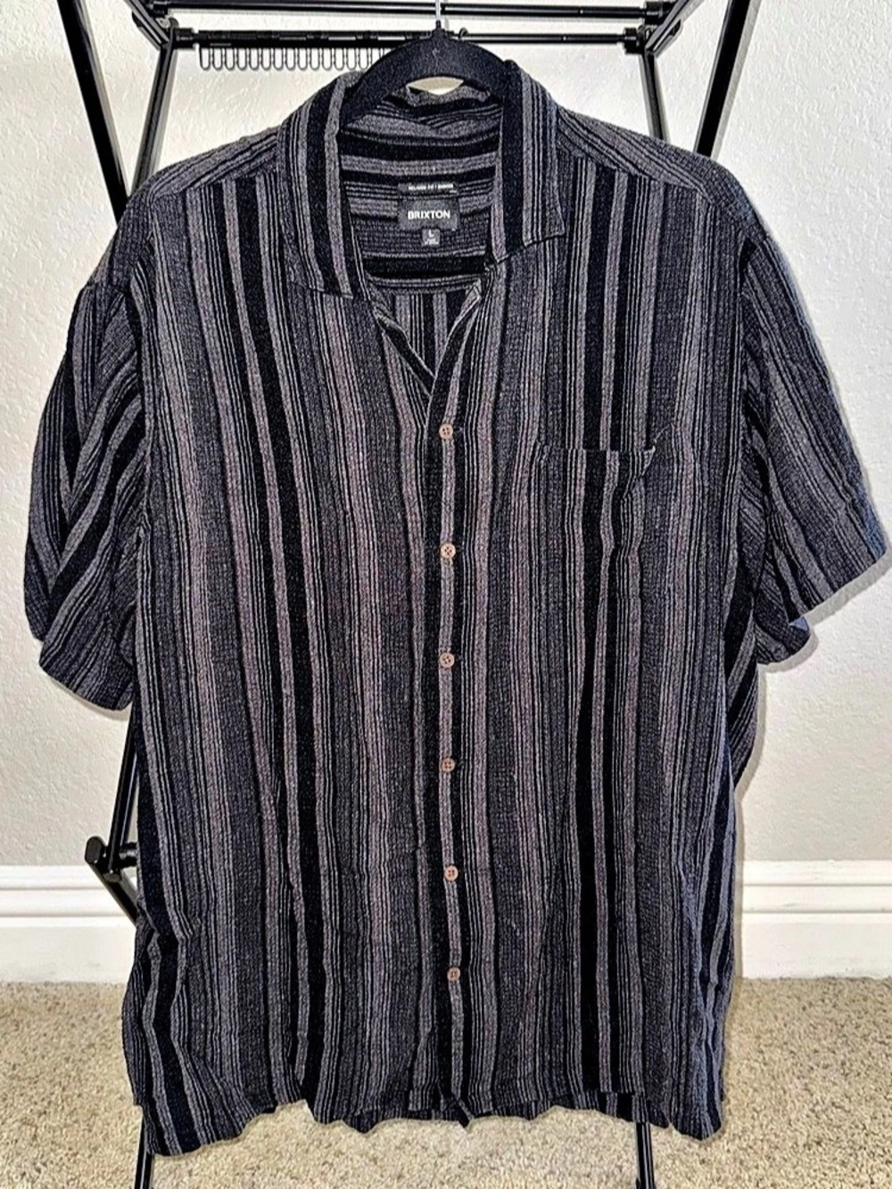 Brixton Striped Short Sleeve Camp Collar Button Up Shirt Mens Large Charcoal